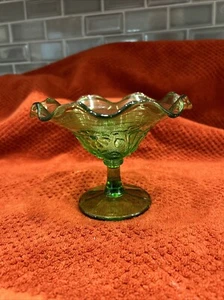 Northwood green pamela Floral Pattern Glass compote Scalloped Ruffles - Picture 1 of 5