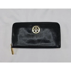 Tory Burch Continental Zip Around Black Leather Wallet Card Holder Carry Clutch - Picture 1 of 8