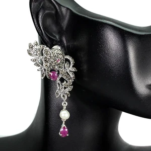 925 Pendientes de Plata Ley Ovalado Rubí Mop Tallado Marcasita Piedra Preciosa - Imagen 1 de 9