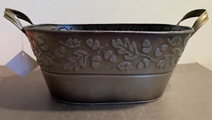NWT VINTAGE 2016 DOUBLE HANDLE LEAF EMBOSSED METAL CONTAINER 4.5" - Picture 1 of 10