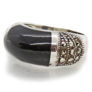 Awesome Size 5 Sterling Silver Black Acrylic and Marcasite Ring - Picture 1 of 12