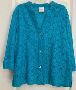 Ruby Rd Favorites Button Up Blouse Size L Blue Lace Style Floral Sexy 125 - Picture 1 of 8