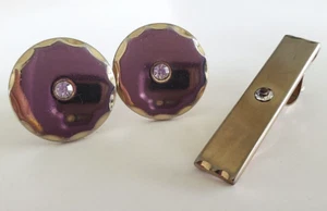 Vintage Swank Clear Rhinestone Round Cufflinks & Tie Bar Clasp Gold Tone Set - Picture 1 of 5