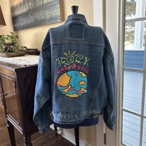 Vintage MV sport Denim Jacket With “Rock Our World” Patch On Back - Medium - Picture 1 of 11