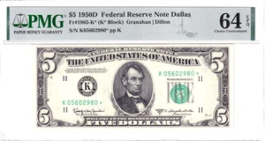 1950-D $5 Federal Reserve Note **STAR** Dallas PMG Choice Unc 64EPQ #K05602980* - Picture 1 of 2