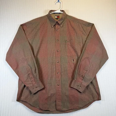Camisa masculina Tommy Hilfiger XL marrom verde patchwork xadrez manga longa botão para baixo - Imagem 1 de 4