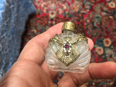 small czech glass vintage jeweled perfume bottle glass dauber missing rhinestone - Image 1 of 4