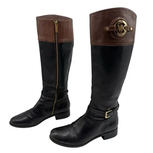 Michael Kors Womens Stockard Tall Leather Riding Boots 8 M Black & Brown 2 Tone - Picture 1 of 21