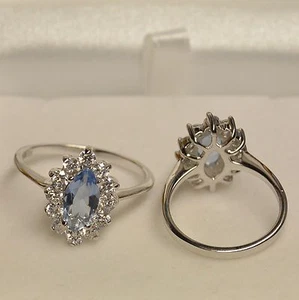 Bague Rhodié T50 Oeil Bleu Marquise Aigue Marine Argent Massif Dolly-Bijoux - Picture 1 of 12