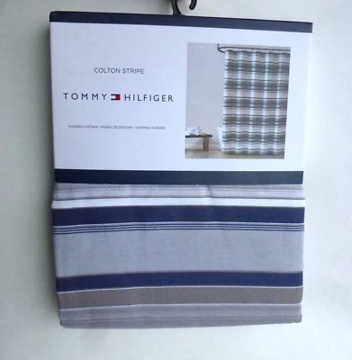 全新 TOMMY HILFIGER Colton Stripe Shower CURTAIN 海军蓝 灰色 — 第 1/4 张图片