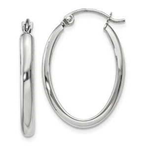 10K Solid White Gold 2.75mm Oval Medium Hoop Earrings - Picture 1 of 5