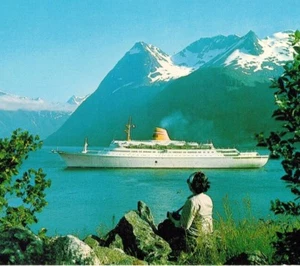 MS Sagafjord - Hjorundfjord Norway NAL Ocean Liner Cruise Ship Unmarked Postcard - Picture 1 of 3