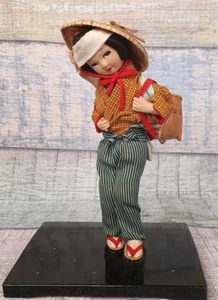 Japanese Farm Girl Doll Cloth Fabric on Wood Stand 12" Vintage Hand Made - Picture 1 of 23