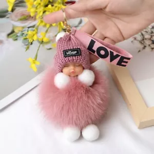 Pompom Sleeping Baby Keychain Cute Fluffy Plush Doll Keychains Women Girl Bags - Picture 1 of 6