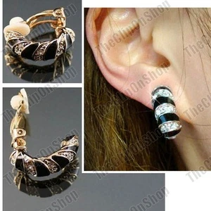 CLIP ON Kristall SILBER/GOLD PLTD schwarze Emaille HUGGIE OHRRINGE geschwungene Halbcreolen - Bild 1 von 13