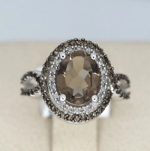 Smokey Quartz Oval & Diamond Halo 14K White Gold Size 8.5 Fine Ring - Picture 1 of 6
