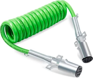 7 Way Coiled Trailer Cord 15 FT Green ABS Electrical Power Coil For Semi Trucks - Picture 1 of 7