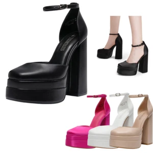 Women Ankle Strap Square Toe High Platform Chunky Block Heel Wedding Dress Shoes - Picture 1 of 27