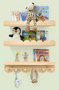 Nursery Shelves for Wall with Hooks-Scalloped Wall Book Shelves for Bedroom Kids - Picture 1 of 12