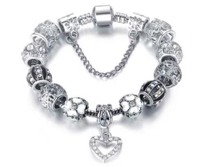 18K White Gold Plated Crystal Heart Charm Bracelet Made with Swarovski Elements - Picture 1 of 3