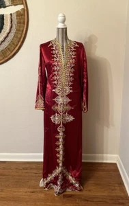 Vintage Morrocan Satin Longsleeve Kaftan Corded Embroidery Woman's S/M - Picture 1 of 10