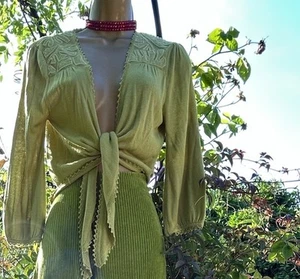 Kaliko UK 12 Pistachio Silky Viscose Crotchet Trim Tie Front Cardigan - Picture 1 of 12