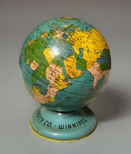 Vintage Ohio Art 5” Tin Litho World Globe Advertising Coin Bank - Winnipeg - Picture 1 of 11
