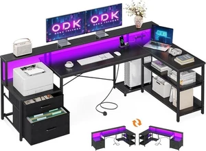 Scrivania con Cassetti, Scrivania Gaming 189x100 cm a Forma di L con Luci LED e Presa di Alimentazione - Foto 1 di 7