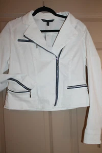 WHITE HOUSE BLACK MARKET Contrast Collared WHITE Zip Denim JACKET Coat 12 - Picture 1 of 6