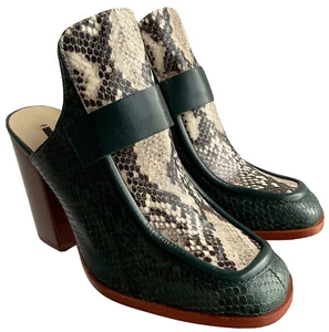 New Zara Dark Bottle Green Mixed Faux Snakeskin Print Heel Slide Mule EU38 US7.5 - Picture 1 of 11