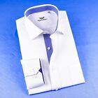 White Poplin Business Dress Shirt With Blue Check Inner Lining Single Cuff Top