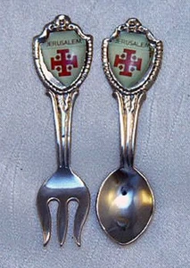 Jerusalem Vintage Collector Spoon and Fork 2 1/2" Silvertone Red Cross Top - Picture 1 of 3