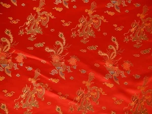 RED MULTICOLOR JACQUARD BROCADE BIRD OF PARADISE SATIN FABRIC 5 YARDS - Picture 1 of 4