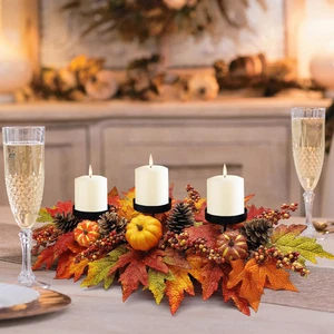 Fall Pumpkin Centerpiece Table Decor Pinecones Leaves Berries Candle Holders - Picture 1 of 6