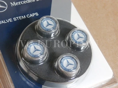 Juego de tapas de vástago de válvula de neumático genuino Mercedes-Benz, azul laurel en tapas plateadas ¡OEM!! Foto 1 de 3