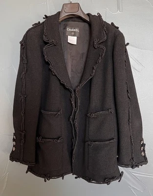CHANEL VINTAGE 07A Coal Black Bow Trim CC Button Wool Jacket Blazer France 48 - Image 1 of 4