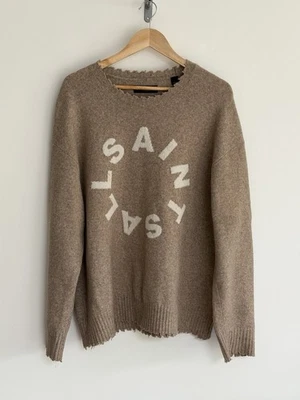 Allsaints “Tiago” Crew Neck Wool Blend Jumper Taupe Circular Logo  XL - Image 1 of 4