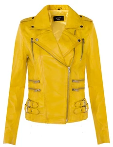 Ladies Leather Biker Jacket Yellow Real Lamb Nappa Vintage Gothic Buckle Jacket - Picture 1 of 5