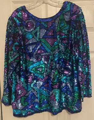 Top de seda vintage Oleg Cassini negro corbata lentejuelas cuentas noche años 80 90 XL USADO EN EXCELENTE ESTADO Foto 1 de 4