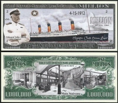 new RMS Titanic w/Cpt Smith Million Dollar Funny Money Note #2 with FREE SLEEVE