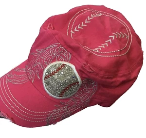 Hot Pink Baseball Hat All Cotton Cap Rhinestones Distressed Adjustable Pit Bull - Picture 1 of 6