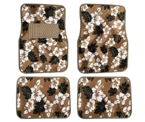 New 4PC Tan Beige Hawaiian Hibiscus Flowers Car Truck Front Rear Floor Mats - Picture 1 of 2