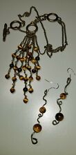 Vintage Metalwork Tiger Eye Tassel Toggle Necklace & Modernist Design Earrings 