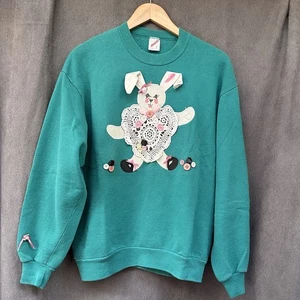 Vtg Bunny Lace Doily Heart Appliqué Sweatshirt Cottage Women’s Large - Picture 1 of 4