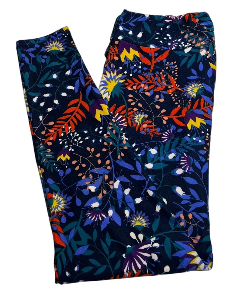 Leggings LuLaRoe TC Alto Curvilíneo Floral AZUL Coloridos Divertidos MODERNOS Hojas Elásticas Foto 1 de 4