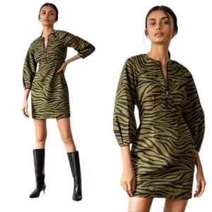 Veronica Beard Navi Tiger Stripe Olive Green Black Puff Sleeve Dress Size 18 - Picture 1 of 7