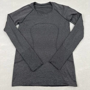Lululemon Shirt Women 10 Gray Stripe Swiftly Tech Top Metallic Shimmer Thumbhole - Picture 1 of 10
