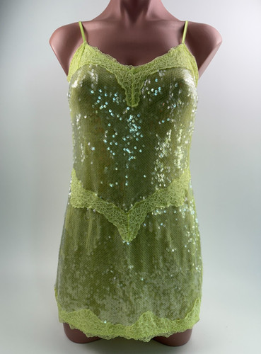 UNDERCOVER Mini Abito Victoria's Secret Paillettes Spaghetti Spalline Giallo Neon Taglia L Nuovo con etichette