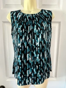 Calvin Klein Teal & Black Print Slinky Knit Top Sleeveless Pleated Neck Size S - Picture 1 of 6