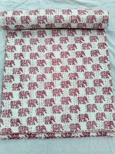 Hand Block Print Kantha Quilt Elephant Kantha Bed Cover Throw Indian Bedspread - Picture 1 of 5